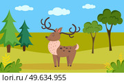 Deer is resting in clearing. Wild animal in nature. Mixed forest landscape with trees and greenery. Deer with thick fur and long antlers standing in meadow. Wild representative of forest fauna. Deer with thick fur and long antlers standing in meadow. Mixed forest landscape flora and fauna. Стоковая иллюстрация, агентство Ingram Publishing / Фотобанк Лори