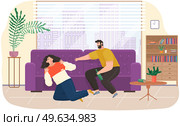 Drunk angry man scolding his wife while drinking booze. Arguing, reprimanding, having argument fight. Husband and wife breakup, parting and divorce. Family problems, couple conflicts. Marriage crisis. Drunk man scolding his wife while drinking booze. Arguing, reprimanding, having argument fight. Стоковая иллюстрация, агентство Ingram Publishing / Фотобанк Лори