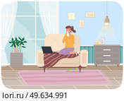 Female having cold. Young girl is sick with viral infection and runny nose stay at home sitting on couch in living room. Girl being treated for flu with special drink, works on sick leave with laptop. Young girl is sick with viral infection and runny nose stay at home sitting on couch in living room. Стоковая иллюстрация, агентство Ingram Publishing / Фотобанк Лори