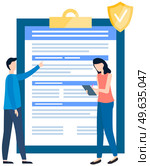 People fill out questionnaire. Colleagues with clipboard isolated. Offline exam concept. Girl with file folder writes list in worksheet. Man standing near big checklist. Project planning, management. People fill out questionnaire. Colleagues with clipboard. Offline exam concept. Project management. Стоковая иллюстрация, агентство Ingram Publishing / Фотобанк Лори