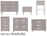 Set of illustrations on theme of storage furniture. Chests of drawers vector illustration. Wooden commodes with boxes isolated on white background. Element of interior design of living room or cabinet. Set of commode illustrations on theme of storage furniture. Chests of drawers vector illustration. Стоковая иллюстрация, агентство Ingram Publishing / Фотобанк Лори