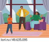 Parent adolescent conflict, problems of adults and children. Mother and father scold son at home. Problem of upbringing kids. Family conflict, naughty rough boy. Mom talks to disobedient teenager. Parent adolescent conflict, problems of adults and children. Mother and father scold son at home. Стоковая иллюстрация, агентство Ingram Publishing / Фотобанк Лори