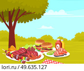 Summer picnic in nature. Products prepared for outdoor dining. Burger, steaks, grilled salmon, kebab and vegetables. Food for eating and barbecue in forest. Rest and pastime in park among trees. Summer picnic in nature. Products prepared for outdoor dining. Burger, steaks, grilled salmon, kebab. Стоковая иллюстрация, агентство Ingram Publishing / Фотобанк Лори