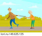 Elderly people man and woman riding on rollers in city park with green trees. Outdoor activity for retired people, healthy lifestyle. Cartoon vector happy old-aged characters have fun walking together. Elderly people man and woman riding on rollers in city park. Outdoor activity for retired people. Стоковая иллюстрация, агентство Ingram Publishing / Фотобанк Лори