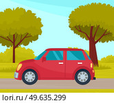 Car drive on an asphalt road in countryside against green forest with large trees. Country road summertime flat vector illustration. Car tourism, family auto trip, journey, automobile transport. Car drive on asphalt road in countryside against green forest with large trees. Car tourism, journey. Стоковая иллюстрация, агентство Ingram Publishing / Фотобанк Лори