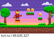 Pixel art game scene with ground, grass and evening sky with clouds. Flying iron man robot in red metal suit collects money coins. Pixelated character in jet boots with fire. Pixel game design element. Flying iron man robot in red metal suit collects money coins on background of evening sky. Стоковая иллюстрация, агентство Ingram Publishing / Фотобанк Лори