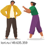 Young people quarreling. Girl yells at boyfriend. Man and woman couple in bad relationship. Arguing, reprimanding, having argument fight. Husband and wife breakup. Family conflicts. Marriage crisis. Young people quarreling. Girl yells at boyfriend. Man and woman couple in bad relationship. Стоковая иллюстрация, агентство Ingram Publishing / Фотобанк Лори