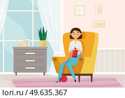 Beautiful woman knitting scarf sitting in chair at home is engaged in hobby hand-made product. Girl works with threads in ball. Female character sitting on armchair with knitting needles in her hands. Beautiful woman knitting scarf sitting in chair, engaged in hobby. Girl works with threads in ball. Стоковая иллюстрация, агентство Ingram Publishing / Фотобанк Лори