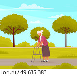 Granny with glasses walks with adult walker in park. Woman resting against background of green trees and nature. Grandmother spends time in nursing home. Person tries to lead active lifestyle. Granny with glasses walks with adult walker in park. Grandmother spends time in nursing home. Стоковая иллюстрация, агентство Ingram Publishing / Фотобанк Лори