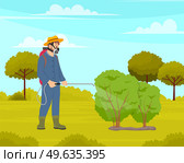 Spraying pesticide and insecticide. Processing of trees. Farmer exterminator in protective suit holding sprayer fertilizer spraying bushes. Chemical treatment of garden plant spring seasonal farm work. Spraying pesticide and insecticide. Processing of trees. Chemical treatment of garden plants. Стоковая иллюстрация, агентство Ingram Publishing / Фотобанк Лори