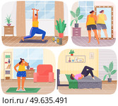 Fat woman s daily routine set of four scenes with oversize unhappy lady stands on scales and plays sports. Female daily life, everyday. Body positive lady looks at her reflection in mirror at home. Fat woman s daily routine set of four scenes with oversize lady stands on scales and plays sports. Стоковая иллюстрация, агентство Ingram Publishing / Фотобанк Лори