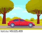 Car drive on an asphalt road in countryside against green forest with large trees. Country road summertime flat vector illustration. Car tourism, family auto trip, journey, automobile transport. Car drive on asphalt road in countryside against green forest with large trees. Car tourism, journey. Стоковая иллюстрация, агентство Ingram Publishing / Фотобанк Лори