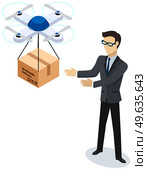 Man in business suit received package from drone. Drone delivery and shipment concept. Transportation of goods with innovative technology. Worldwide delivery. Businessman picks up box from quadcopter. Man in business suit received package from drone. Transportation of goods with innovative technology. Стоковая иллюстрация, агентство Ingram Publishing / Фотобанк Лори