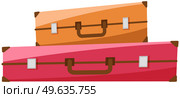 Vintage suitcases lie on side. Luggage leather rectangular brown bag isolated vector. Voyage retro baggage with handle. Solid rectangular box with an attached lockable lid, used on road for storage. Vintage suitcases lie on side. Luggage leather rectangular brown bag with handle isolated vector. Стоковая иллюстрация, агентство Ingram Publishing / Фотобанк Лори