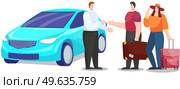 Car rental and traveling by vehicle with family. Couple searching adventures rents automobile. Travelers in motion. Booking and renting car for trips around world. Man and woman talking to landlord. Car rental and traveling by vehicle with family. Couple searching adventures rents automobile. Стоковая иллюстрация, агентство Ingram Publishing / Фотобанк Лори