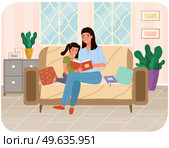 Mom telling fairy tales while putting her daughter to sleep at bed time. Mother reads book to her child at night. Family spends time together before bed. Parent and child are reading literature. Mom telling fairy tales to her daughter at bed time. Mother is reading book to child at night. Стоковая иллюстрация, агентство Ingram Publishing / Фотобанк Лори