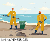 Volunteer people are cleaning beach. People in protective suits collecting oil in special bucket. Men with shovels clean waste contaminated areas of sand on coastline flat vector illustration. Men with shovels clean waste contaminated areas of sand. Volunteer people are cleaning beach. Стоковая иллюстрация, агентство Ingram Publishing / Фотобанк Лори