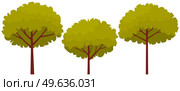 Tall tree with brown trunk and leaves. Large plant with dense round crown isolated on white background. Green foliage on plant branches, natural element object for design, cartoon botanic icon. Tall tree with brown thick trunk and leaves. Large plant with dense round crown isolated on white. Стоковая иллюстрация, агентство Ingram Publishing / Фотобанк Лори
