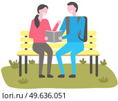 Male and female students sitting on bench and reading book. Young happy couple university learners having fun during break, repeating material in textbook. Cheerful people spend time with book in park. Students sitting on bench and reading book in park. Couple having, repeating material in textbook. Стоковая иллюстрация, агентство Ingram Publishing / Фотобанк Лори