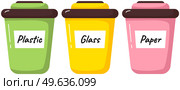 Garbage sorting. Different color recycle bins with glass, plastic and paper. Recycling or reuse. Less garbage on planet. Zero waste ecology concept. Clean planet and environment care, stop pollution. Garbage sorting. Different color recycle bins with glass, plastic and paper. Zero waste concept. Стоковая иллюстрация, агентство Ingram Publishing / Фотобанк Лори