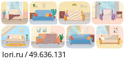 Set of illustrations about living room interior design. Lounge, sofas for relaxation. Arrangement of furniture in living room with couch vector illustration. Comfortable upholstered furniture. Set of illustrations about living room interior design. Comfortable lounge, sofa for relaxation. Стоковая иллюстрация, агентство Ingram Publishing / Фотобанк Лори