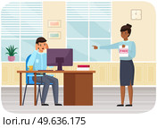 Angry female boss fires employee and points at door of office. Business concept unemployment, crisis, jobless and employee job reduction. Frightened fired guy hears about dismissal from work. Angry female boss fires employee. Frightened male character hears about dismissal from work. Стоковая иллюстрация, агентство Ingram Publishing / Фотобанк Лори