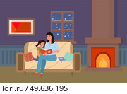 Mom telling fairy tales while putting her daughter to sleep at bed time. Mother reads book to her child at night. Family spends time together before bed. Parent and child are reading literature. Mom telling fairy tales to her daughter at bed time. Mother is reading book to child at night. Стоковая иллюстрация, агентство Ingram Publishing / Фотобанк Лори