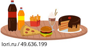 Fast food meal set vector illustration. Classic cheese burger with grilled meat, french fries, cake, pizza and soft drink cup. Fatty unhealthy high-calorie foods isolated on white background. Fast food meal set. Fatty unhealthy high-calorie foods. Cheese burger, cake, pizza and fizzy drinks. Стоковая иллюстрация, агентство Ingram Publishing / Фотобанк Лори