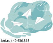 Seamless pattern with paper planes aircraft. Flying aircrafts on blue background. Vector background mockup, illustration with airplanes made as origami from paper. White airplanes on pattern layout. White airplanes on pattern layout. Seamless mockup of with paper planes aircraft on blue background. Стоковая иллюстрация, агентство Ingram Publishing / Фотобанк Лори