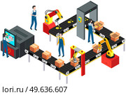 Isometric industrial production line packaging new goods. Conveyor with gears, spare parts passing through metal detector. Man puts parcels in cardboard boxes. Delivery of purchases from china. Man puts parcels in cardboard boxes. Conveyor with gears, spare parts passing through metal detector. Стоковая иллюстрация, агентство Ingram Publishing / Фотобанк Лори