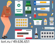 Diarrhea or constipation. Abdomen disease and illness. Guy with sad face suffering from stomachache. Man with abdominal pain next to medicines, tablets, ointments for treatment of sore stomach. Man with abdominal pain next to medicines, tablets, ointments for treatment of sore stomach. Стоковая иллюстрация, агентство Ingram Publishing / Фотобанк Лори