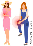 Sad women suffering from pain in joints of arm and leg. Patients touching their sore body parts. Painful sensations of sick people. Female characters grabs their hands to sore knee and elbow. People holding their sore knee and elbow. Sad women suffering from pain in joints of arm and leg. Стоковая иллюстрация, агентство Ingram Publishing / Фотобанк Лори