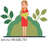 Woman eating vegetables. Poster with female character with carrot and celery. Promotion of eating products of plant origin. Girl eats organic natural plant-based fresh food. Vegetarian with vegetables. Girl eats organic natural plant-based fresh food. Female vegetarian with carrot and celery. Стоковая иллюстрация, агентство Ingram Publishing / Фотобанк Лори