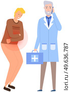 Man with abdominal pain communicate with doctor. Medical specialist consults patient with stomachache. Diarrhea or constipation. Person suffering from pain in abdomen. Ambulance doctor speaks on phone. Man with abdominal pain communicate with ambulance doctor. Medical specialist consults patient. Стоковая иллюстрация, агентство Ingram Publishing / Фотобанк Лори