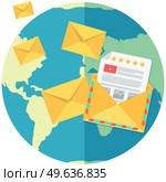 World globe surrounded by yellow envelops. International mailing, global postal system, letters exchange, worldwide delivery of mails. Envelope with paper letter on background of planet Earth. International postal system, worldwide delivery of mails. Globe surrounded by yellow envelops. Стоковая иллюстрация, агентство Ingram Publishing / Фотобанк Лори