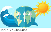 Visualization of global warming and weather change. Huge wave heading towards planet. Climate and environmental change leads to tsunami. Sun heats earth and causes water level on planet to rise. Visualization of global warming. Sun heats earth and causes water level on planet to rise. Стоковая иллюстрация, агентство Ingram Publishing / Фотобанк Лори
