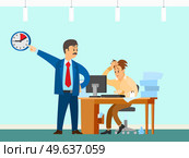 Male character working at computer and doing paperwork to finish task. Boss urges employee to complete assignment defore deadline. Angry director with subordinate work to deal with deadline. Angry director with subordinate work to deal with deadline. Boss urges employee to complete task. Стоковая иллюстрация, агентство Ingram Publishing / Фотобанк Лори