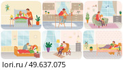 Fathers taking care of their children scenes set, daddies feeding, dressing, walking, playing with kids. Adult child care concept, fatherhood. Dad on maternity leave reads book and treats sick child. Fathers taking care of their children set, daddies feeding, dressing, walking, playing with kids. Стоковая иллюстрация, агентство Ingram Publishing / Фотобанк Лори