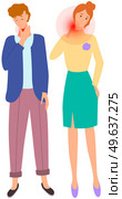 Guy with flu or cold is suffering from sore throat. People holding on their neck. Illness and disease symptoms concept. Man and woman puts his hand on neck. Female character feeling pain in joint. Guy with flu or cold is suffering from sore throat. Female character feeling pain in joint of neck. Стоковая иллюстрация, агентство Ingram Publishing / Фотобанк Лори