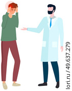 Man with pain in head in consultation with doctor. Therapist consults patient with migraine. Painful sensations of sick person. Male character grabs his hands to head, with symptoms of headache. Man with pain in head in consultation with doctor. Therapist consults patient with migraine. Стоковая иллюстрация, агентство Ingram Publishing / Фотобанк Лори