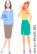 Woman on diagnosis of disease. Person complains to doctor about painful sensations in neck joint. Patient with pain in consultation with doctor. Medical specialist consults girl with sore neck. Woman complains to doctor about painful sensations in neck joint. Girl on diagnosis of disease. Стоковая иллюстрация, агентство Ingram Publishing / Фотобанк Лори