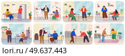 Business meeting or working process in head office scenes set. Project management and teamwork concept. Business people discussing new contract. Man and woman colleagues communicating during work. Business meeting or working process in head office scenes set. Project management and teamwork. Стоковая иллюстрация, агентство Ingram Publishing / Фотобанк Лори