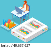 Visualize with business analytics. People work with statistical data analysis, changing indicators. Employees analyze statistical indicators, business data. Characters work with marketing research. Employees analyze statistical indicators, business data. Characters work with marketing research. Стоковая иллюстрация, агентство Ingram Publishing / Фотобанк Лори