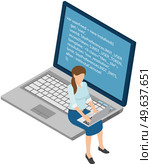 Young programmer coding new project standing on big laptop with command line. Woman looking at laptop screen with program code. Programming or coding concept. Characters work with program code. Woman looking at laptop screen with program code. Programmer coding new project on laptop. Стоковая иллюстрация, агентство Ingram Publishing / Фотобанк Лори