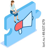 Woman with laptop sits on megaphone icon on puzzle block, loudspeaker sound amplification device on white background. Mouthpiece symbol. News, notice, notify, advertising and promotion concept. Woman sits on megaphone icon on puzzle block, loudspeaker sound amplification device isolated. Стоковая иллюстрация, агентство Ingram Publishing / Фотобанк Лори
