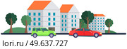 Gray and red cars in city. Cars are driving on road. Landscape with residential buildings and automobiles. Driving in modern downtown. Vehicles on background of cityscape with buildings and nature. Gray and red cars in city. Vehicles driving on road on background of cityscape with buildings. Стоковая иллюстрация, агентство Ingram Publishing / Фотобанк Лори