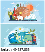 Set of illustrations about climate change, rising water level, global warming, ecological problems. Cartoon characters care about nature. Rising planetary temperatures affect flora and fauna. Set of illustrations about climate change, rising water level, global warming, ecological problems. Стоковая иллюстрация, агентство Ingram Publishing / Фотобанк Лори