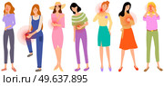 Sad women suffering from severe pain. Patients touching their sore body parts. Painful sensations of sick people. Girls grabs their hands to sore spot. Female characters with symptoms of ache. Women suffering from pain. Patients touching sore body parts. Painful sensations of sick people. Стоковая иллюстрация, агентство Ingram Publishing / Фотобанк Лори