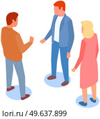 Three people are communicating. Businessmen and businesswoman are having conversation. Business negotiations, job interviews, meetings vector illustration. Colleagues are discussing at meeting. Businessmen and businesswoman are having conversation. Colleagues are discussing at meeting. Стоковая иллюстрация, агентство Ingram Publishing / Фотобанк Лори