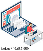 Financial transaction notification, online banking, laptop with cheque. Analytical and statistical services. Man makes online payment and receives cheque. Businessman at computer pays via Internet. Man is making online payment and receives cheque. Businessman at computer pays via Internet. Стоковая иллюстрация, агентство Ingram Publishing / Фотобанк Лори
